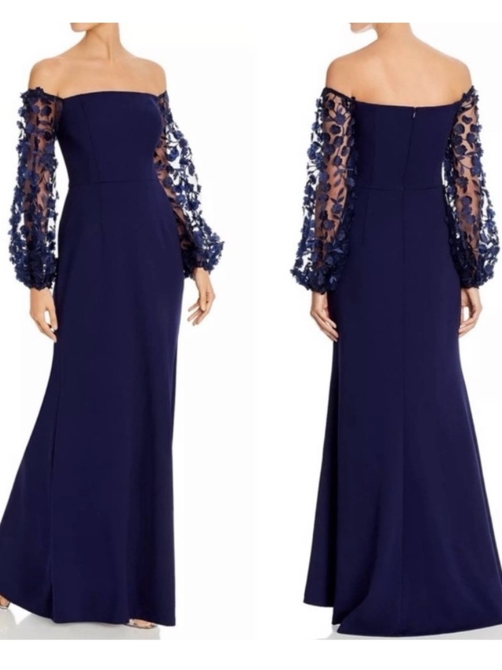 Eliza J Navy Off-Shoulder Gown with Embroidered Sheer Sleeves